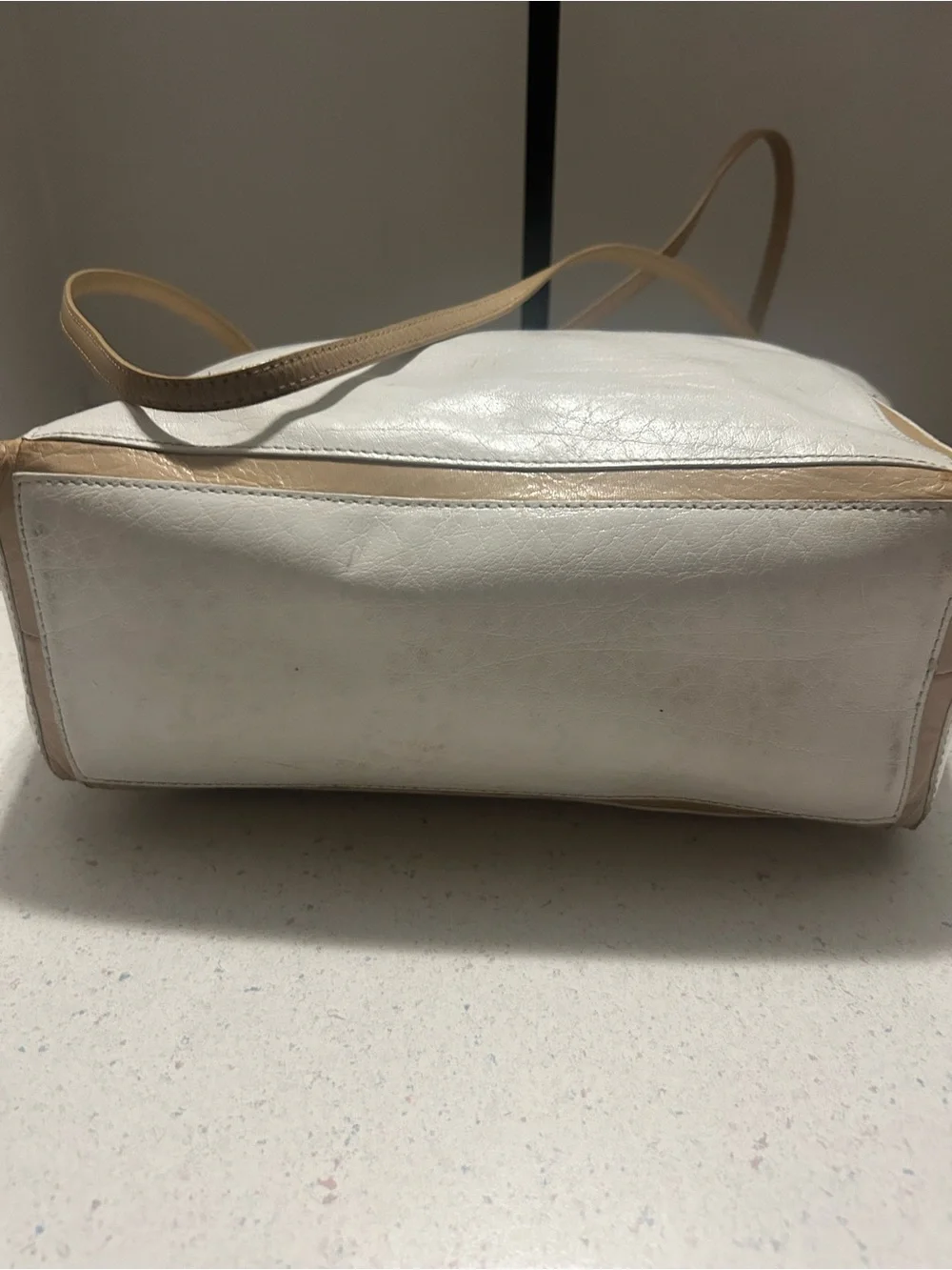 White Leather Etienne Aigner Tote with Tan Trim